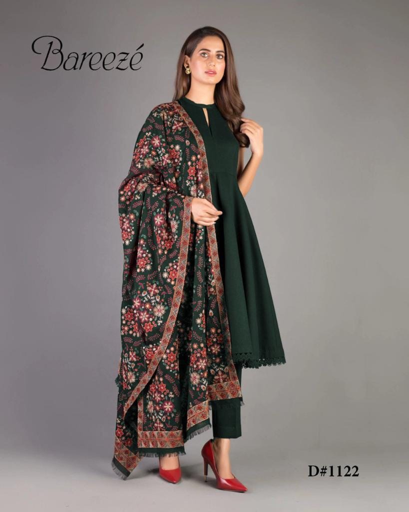 LS38-GREEN BAREEZE 3 PCS SUIT WITH DHANK SHAWL EMBROIDERED