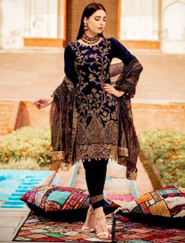 LS133-2PCS LAWN NAVY SUIT FULLY EMBROIDERED FACSMILE
